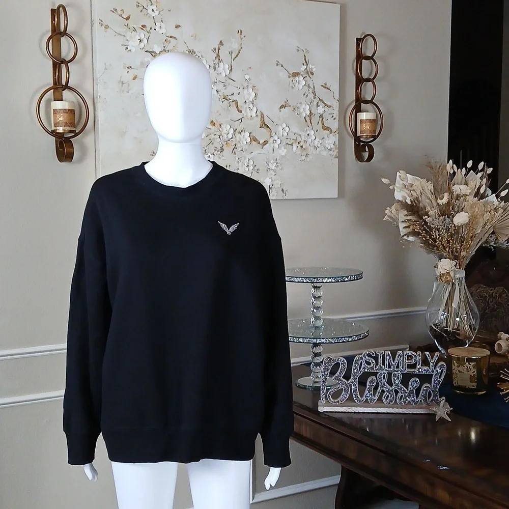 Victoria's Secret Angel Rhinestones Logo Women's Black Fleece Sweatshirt. Size M - Picture 4 of 17